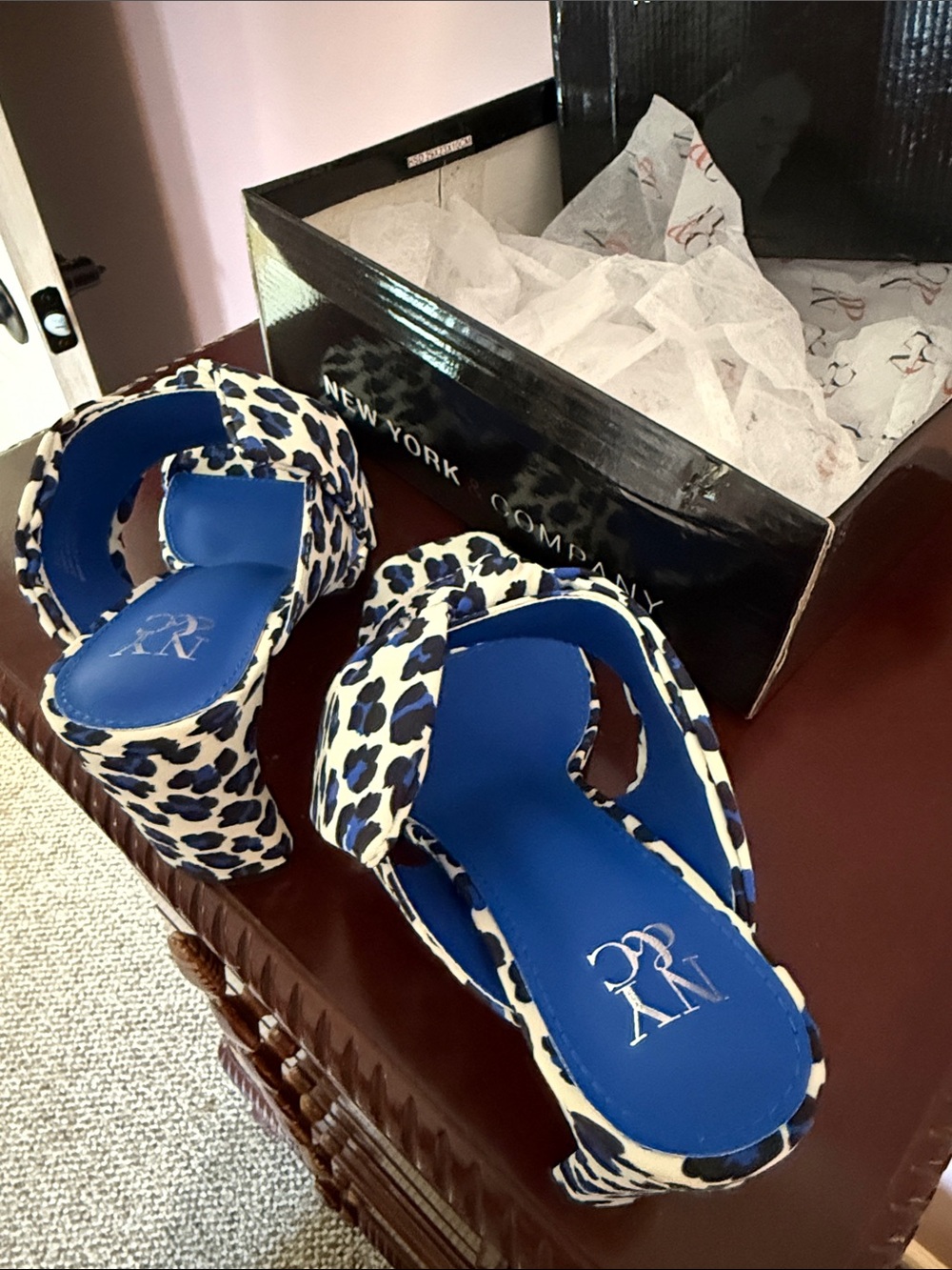 New York & Company Blue and White Leopard Print Slip-On Heels - Picture 4 of 4